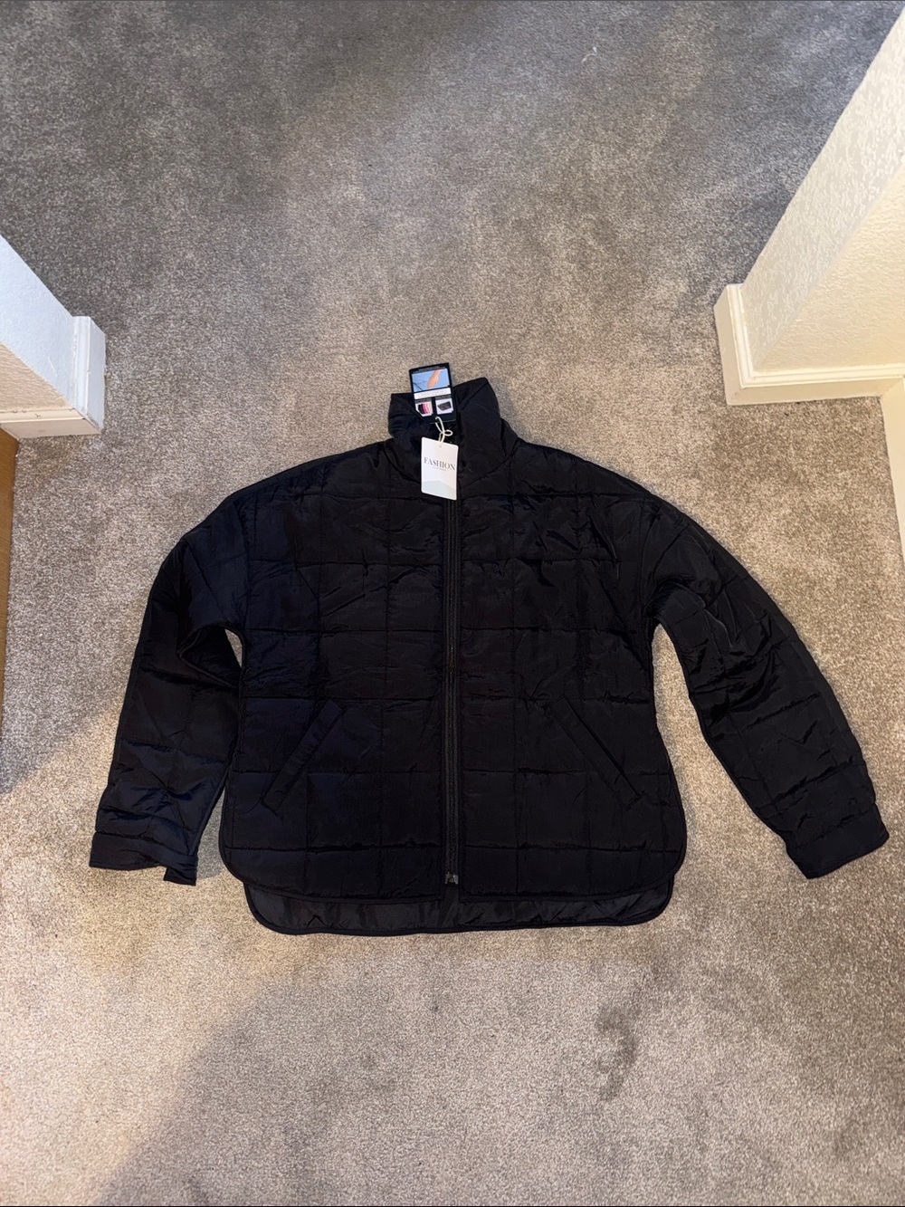 Black Quilted Puffer Jacket with Stand Collar - Women's